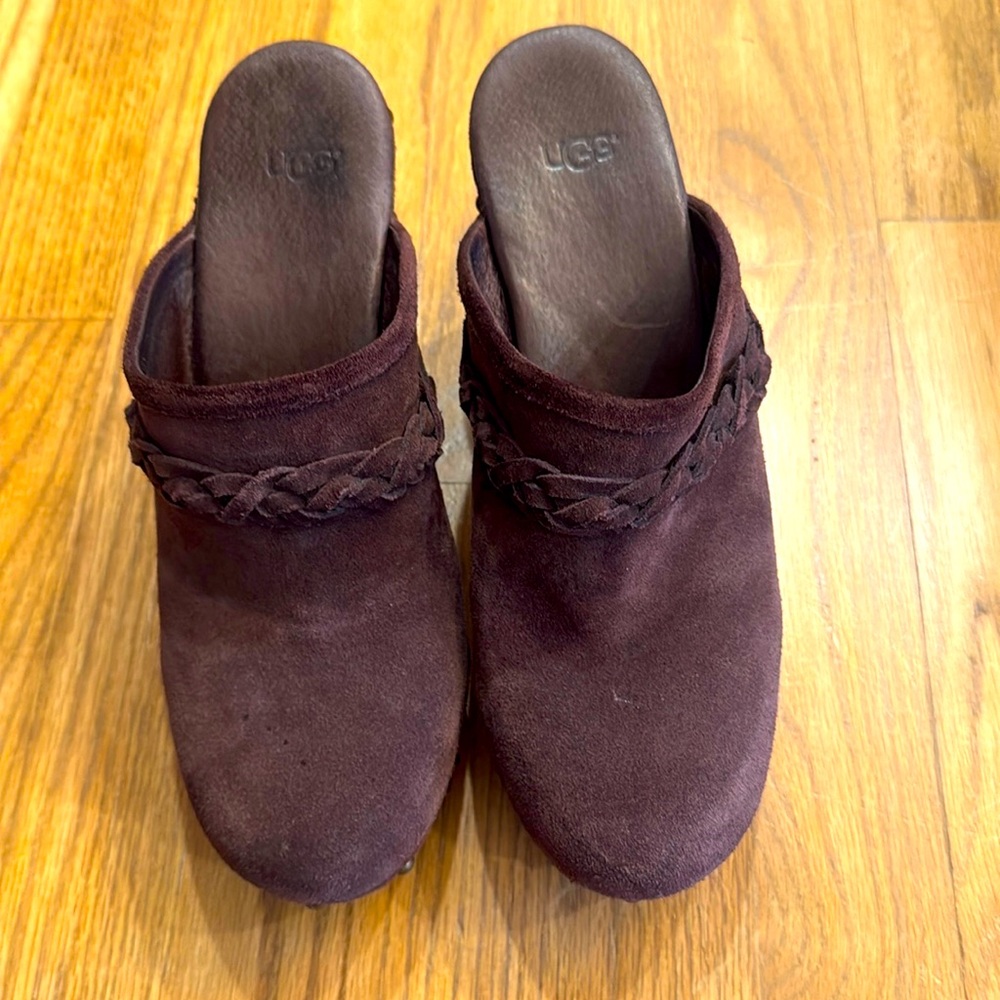 UGG Kaylee Brown Suede Leather Wooden Heel Studded Platform Heel Slip On Clogs